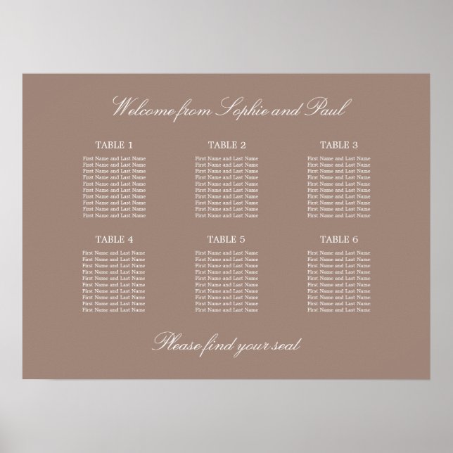 Taupe 6 Table Wedding Seating Chart Poster (Front)