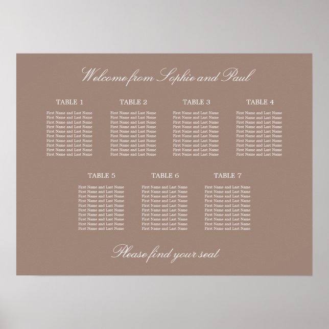 Taupe 7 Table Wedding Seating Chart Poster (Front)