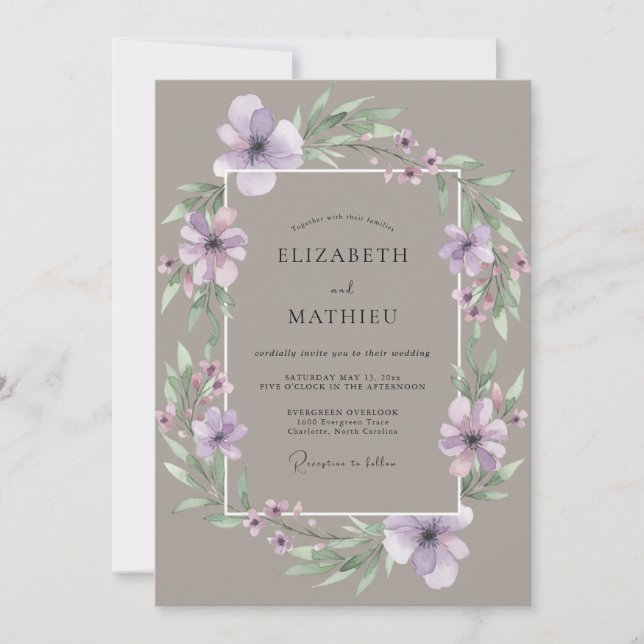 Taupe Amethyst Blossom Wedding Invitation (Front)