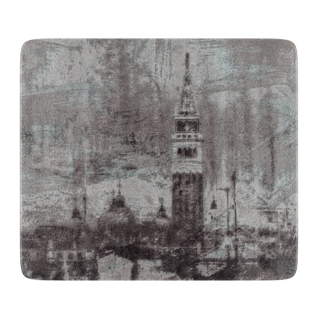 Taupe and Cyan Distressed Skyline Venice Italy Cutting Board (Front)