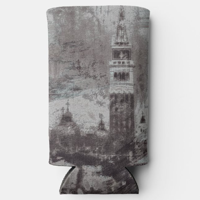 Taupe and Cyan Distressed Skyline Venice Italy Seltzer Can Cooler (Front)