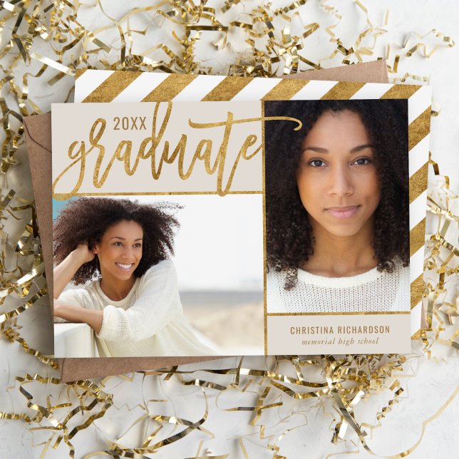 Taupe and Gold Faux Foil 2 Photo Graduation Announcement (Creator Uploaded)