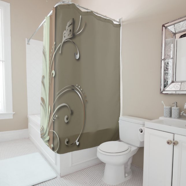 Taupe and Green with Swirly Vine & Butterfly Shower Curtain (In Situ)