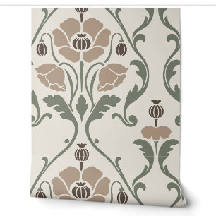 Taupe and Grey Green Poppy Damask Wallpaper