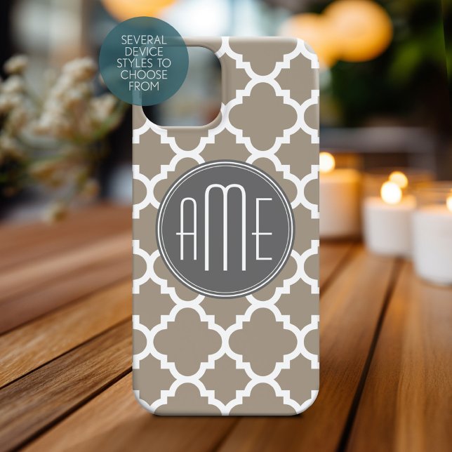 Taupe and Grey Quatrefoil Pattern Triple Monogram (Personalized Phone Case with Monogram)