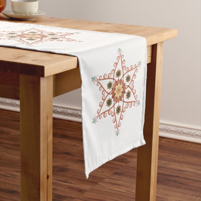 Taupe and Sage Green Modern Snowflakes Medium Table Runner (In Situ)