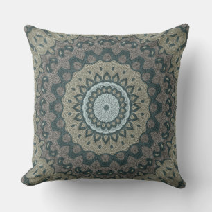 Taupe and Teal Mandala with Tribal Symmetry Cushion