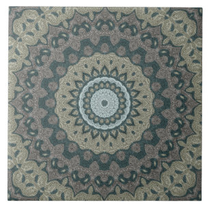 Taupe and Teal Mandala with Tribal Symmetry Tile