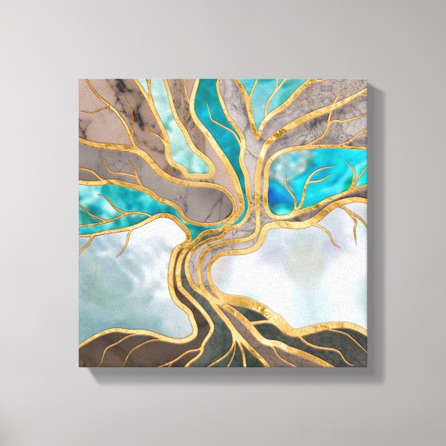 Taupe and teal Marble Tree of life Canvas Print (Front)
