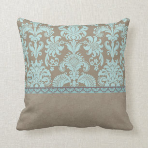 Taupe and Turquoise Damask Cushion