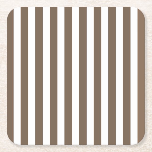 Taupe and white candy stripes square paper coaster (Front)