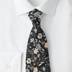Taupe And White Flowers On Charcoal Tie