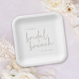 Taupe and White Minimalist Script Bridal Brunch Paper Plate