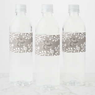 Taupe And White Rustic Floral Personalised Wedding Water Bottle Label
