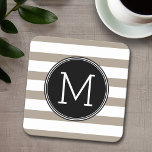 Taupe and White Striped Pattern Black Monogram Square Paper Coaster<br><div class="desc">A gold beige colour with black and white -- A simple design with an area for monograms. If you need to adjust the artwork or change the font,  you can click on the customise area. This will take you to the design tool where you can make many changes.</div>