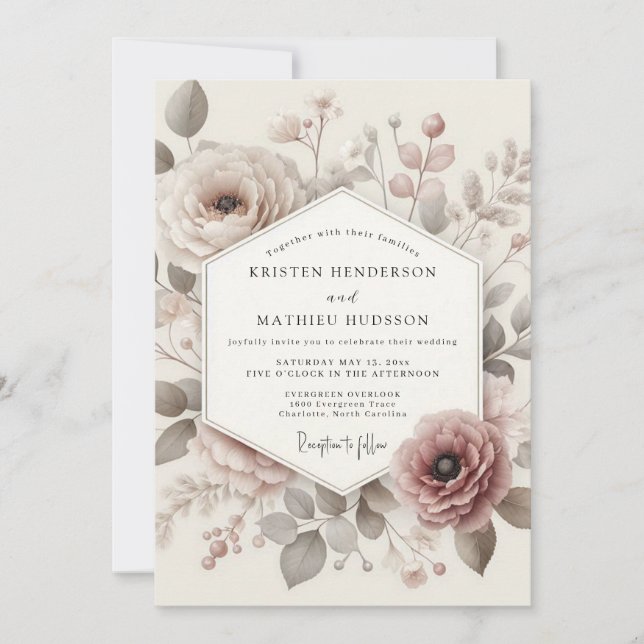 Taupe Antique Bloom Wedding Invitation (Front)