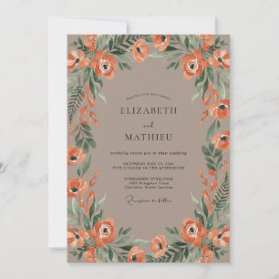 Taupe Apricot Wreath Wedding Invitation