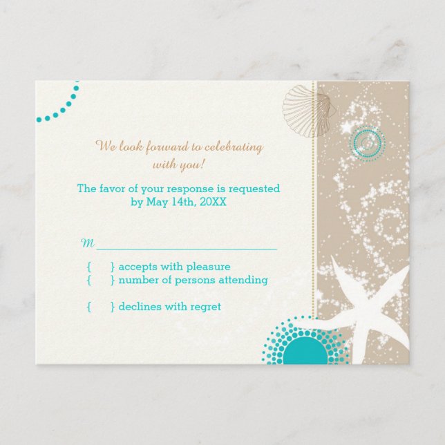 Taupe Aqua Beach Wedding Celebration RSVP Invitation Postcard (Front)