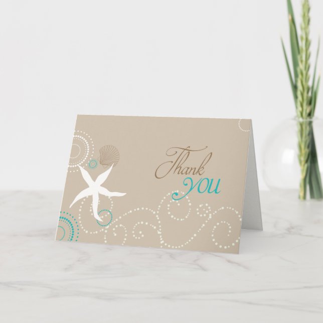 Taupe Aqua White Beach Wedding Thank You (Front)