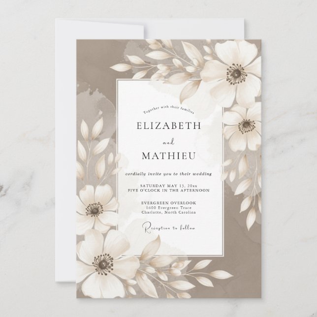 Taupe Artistic Blossom Wedding Invitation (Front)