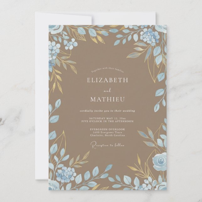 Taupe Azure Foliage Eucalyptus Wedding Invitation (Front)
