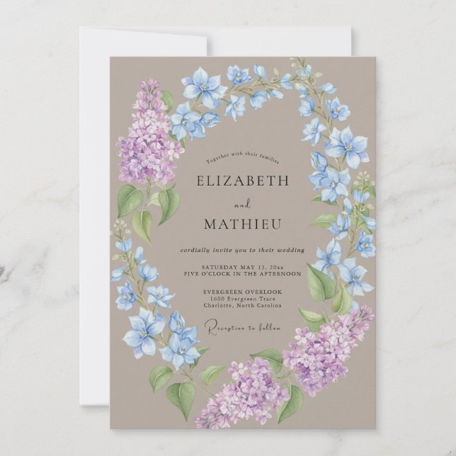 Taupe Azure Hydrangea Eucalyptus Wedding Invitation (Front)