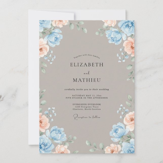 Taupe Azure Ranunculus Eucalyptus Wedding Invitation (Front)