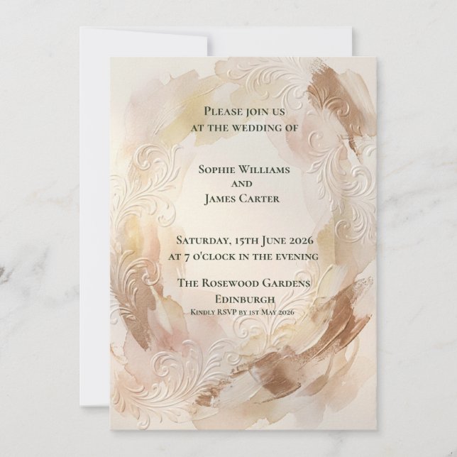 Taupe Baroque Oval Wedding Invitation (Front)