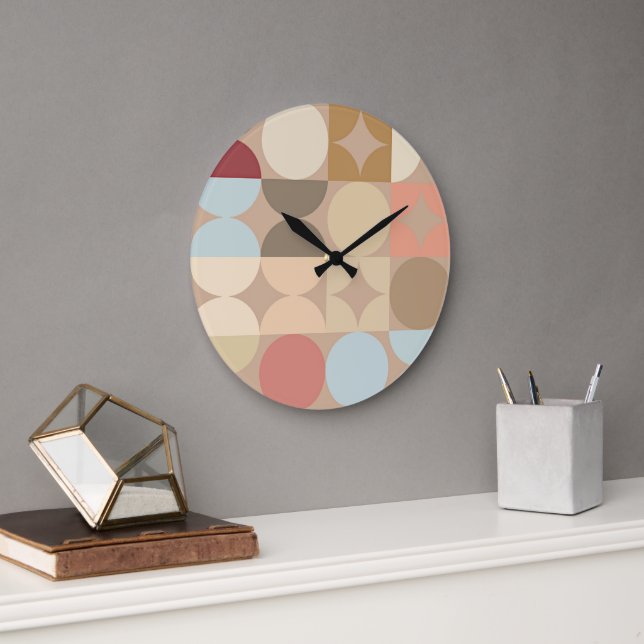Taupe Beige Blush Pink Light Blue Retro Pattern Large Clock (Office)