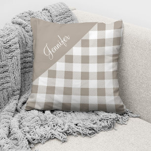 Taupe Beige Buffalo Plaid Check Pattern Name Cushion