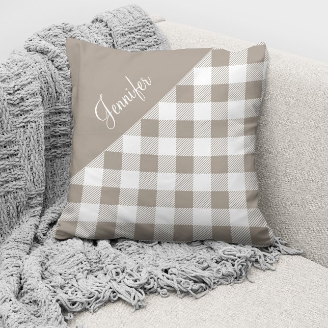Taupe Beige Buffalo Plaid Check Pattern Name Cushion (Creator Uploaded)
