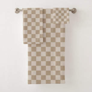 Taupe Beige Checkers Script Name Bath Towel Set