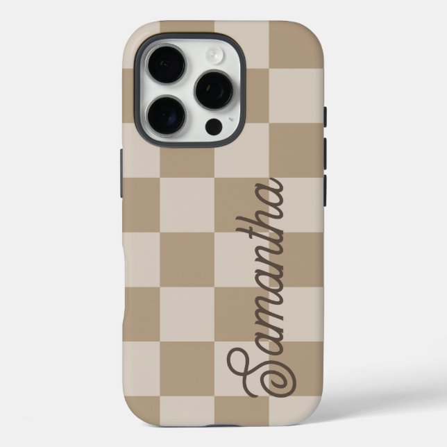 Taupe Beige Checkers Script Name Case-Mate iPhone Case (Back)