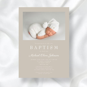 Taupe Beige Modern Photo Baptism Invitation