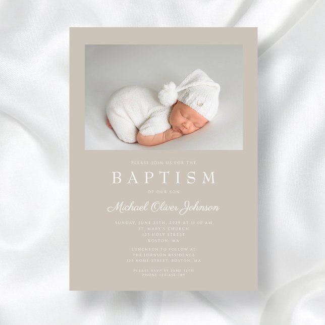 Taupe Beige Modern Photo Baptism Invitation (Taupe Beige Modern Photo Baptism Invitation)