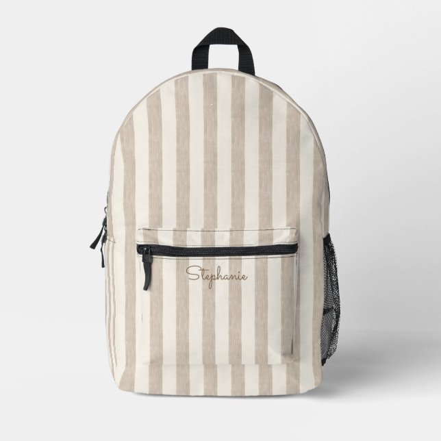 Taupe Beige Neutral Striped Pattern Custom Name Printed Backpack (Front)
