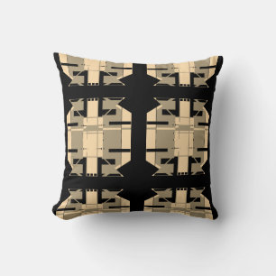 Taupe Beige on Black Geometric Squares Motif  Cushion