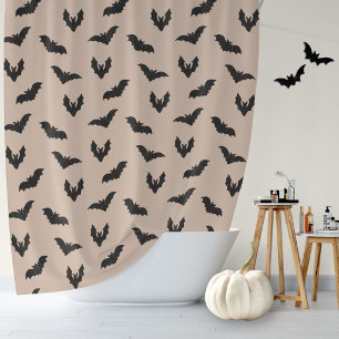 Taupe Black Spooky Bats Haunted Vintage Halloween Shower Curtain