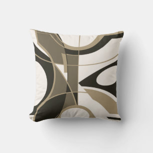 Taupe Black Tan on Off-White Modern Art Abstract Cushion