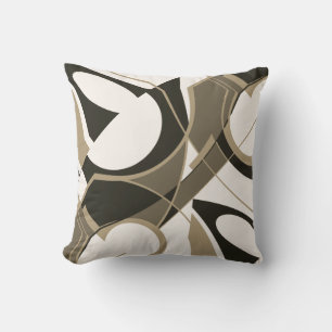 Taupe Black Tan on White Swirling Slanted Abstract Cushion