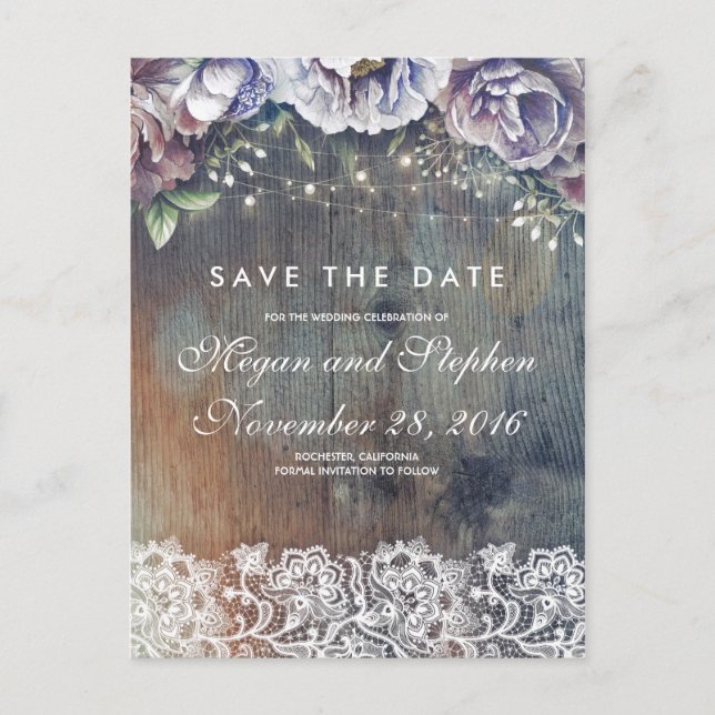 Taupe, Blue and Maroon Floral Rustic Save the Date Announcement Postcard (Front)
