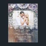 Taupe, Blue and Maroon Floral Rustic Save the Date Announcement Postcard<br><div class="desc">Blue,  navy,  plum,  and maroon flowers rustic vintage lace and wood photo save the date postcards</div>