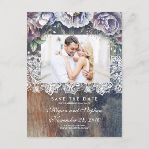 Taupe, Blue and Maroon Floral Rustic Save the Date Announcement Postcard