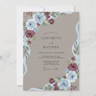 Taupe Blue Burgundy Floral Wedding Invitation