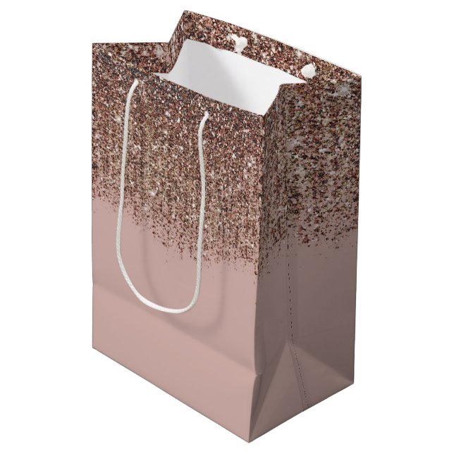 Taupe Blush Pink Rose Bronze Gold Glitter Glam Medium Gift Bag (Front Angled)