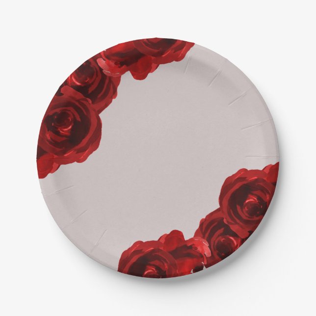 Taupe Blush Red Watercolor Roses Modern Wedding Paper Plate (Front)
