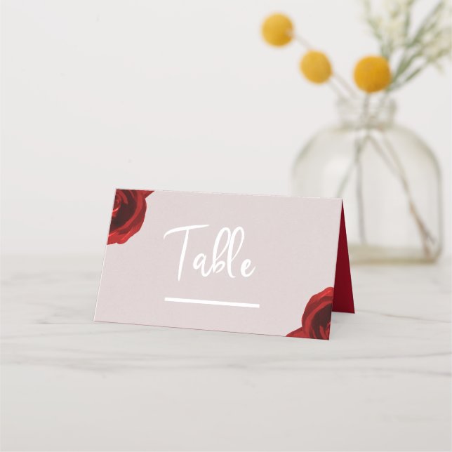 Taupe Blush Red Watercolor Roses Modern Wedding Place Card (Front)