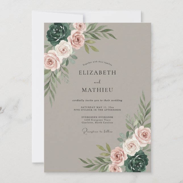 Taupe Blush Rose Botanical Wedding Invitation (Front)