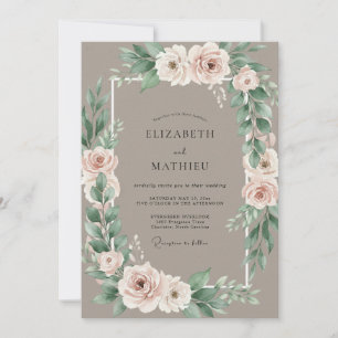 Taupe Blush Rose Wreath Wedding Invitation