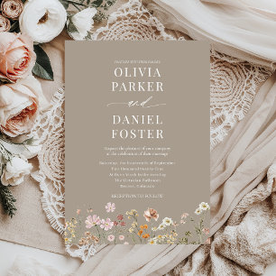 Taupe Boho Wildflower Minimalist Wedding  Invitation